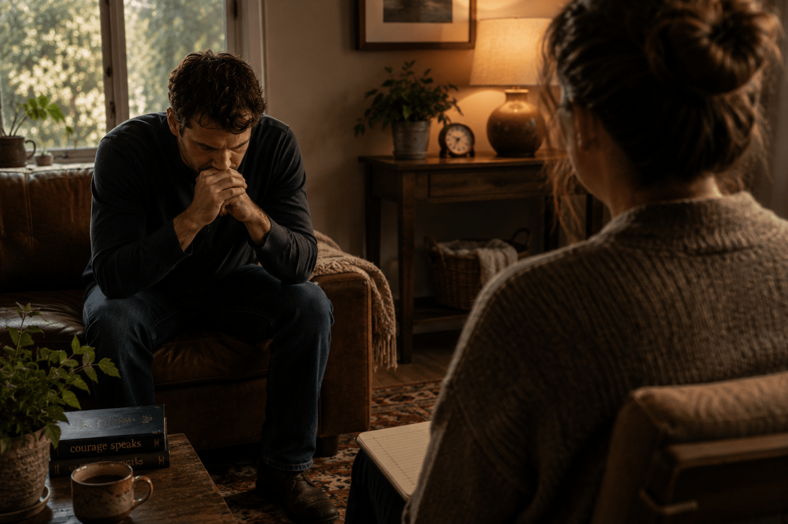 Man sitting with head in hands during therapy session, kind of love we rarely talk about