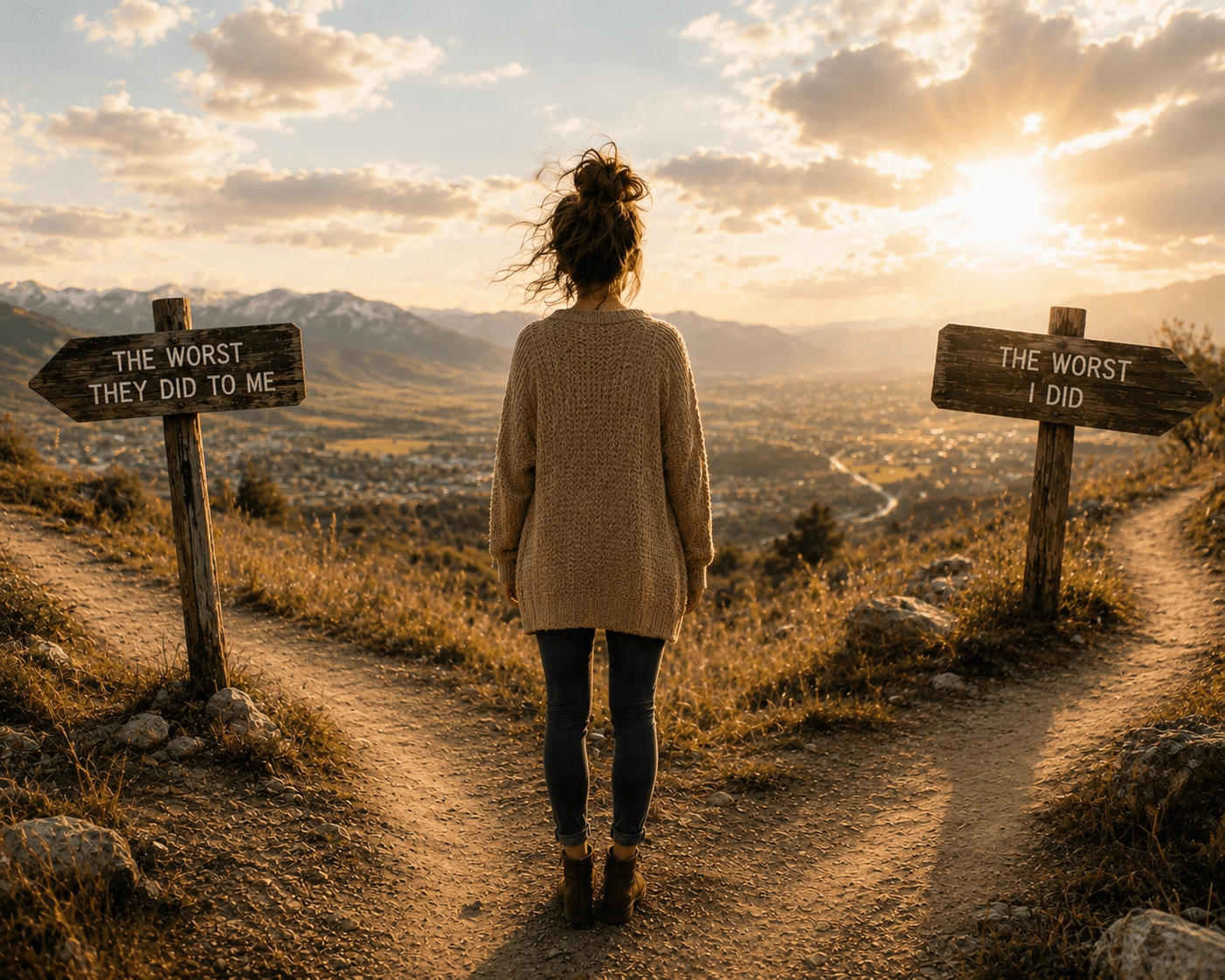Woman standing between two trail signs, things we call unforgivable at a crossroads