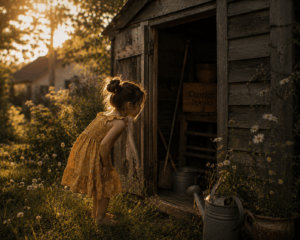 Little girl peeking into shed at sunset, what you feel is real even when the story changes