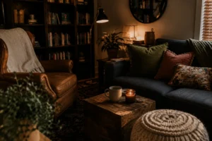 Cozy candlelit reading nook set up for sitting with a feeling, mug and lit candle on a wooden table
