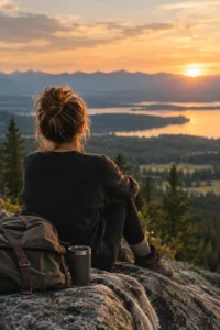 A woman with her hair in a loose bun sits on a rocky overlook at sunset, looking out over a lake, forests, and distant mountains.