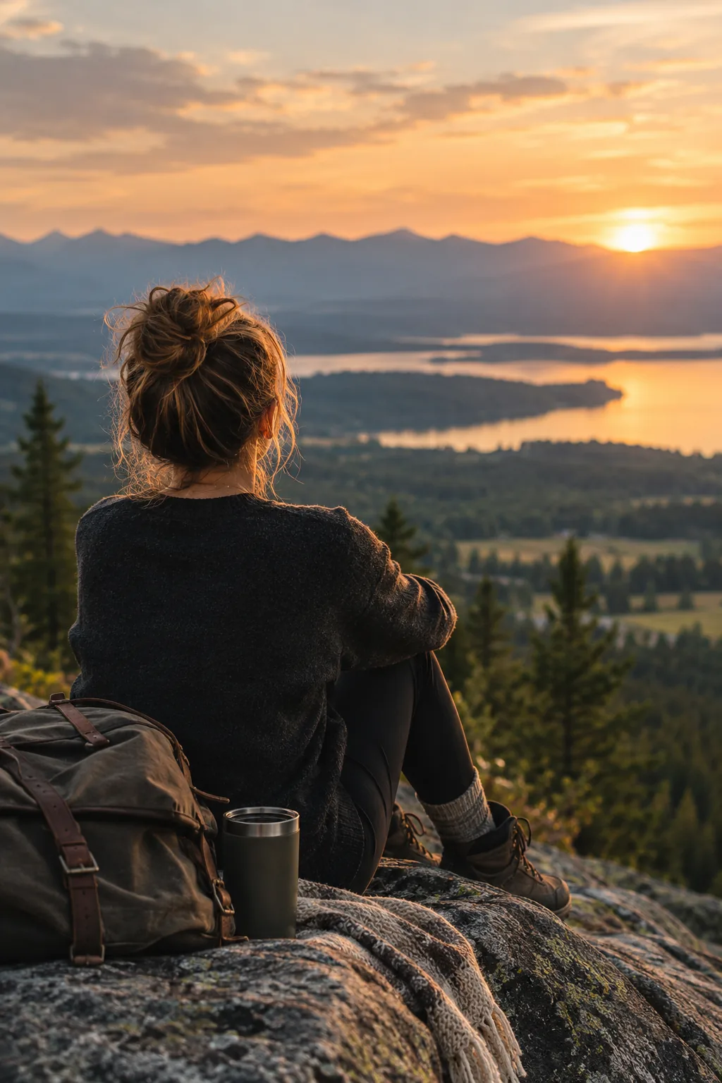 A woman with her hair in a loose bun sits on a rocky overlook at sunset, looking out over a lake, forests, and distant mountains.