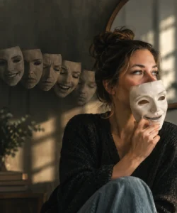 Woman lowering a smiling white mask from her face, a row of masking expressions fading behind her.