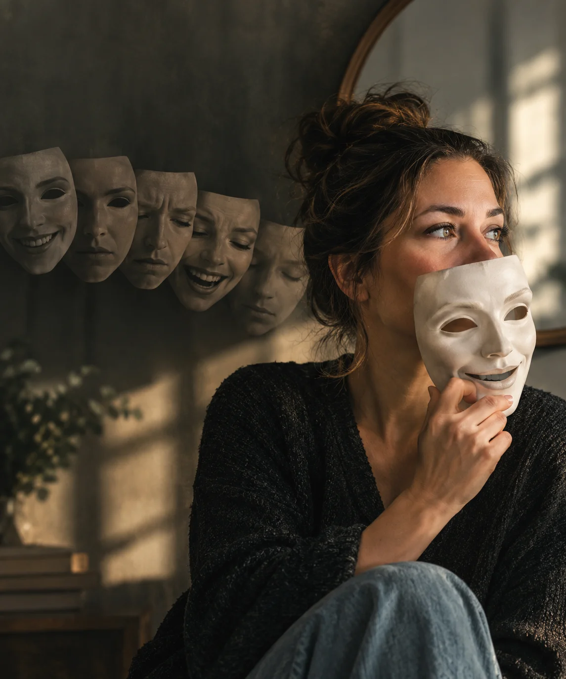 Woman lowering a smiling white mask from her face, a row of masking expressions fading behind her.